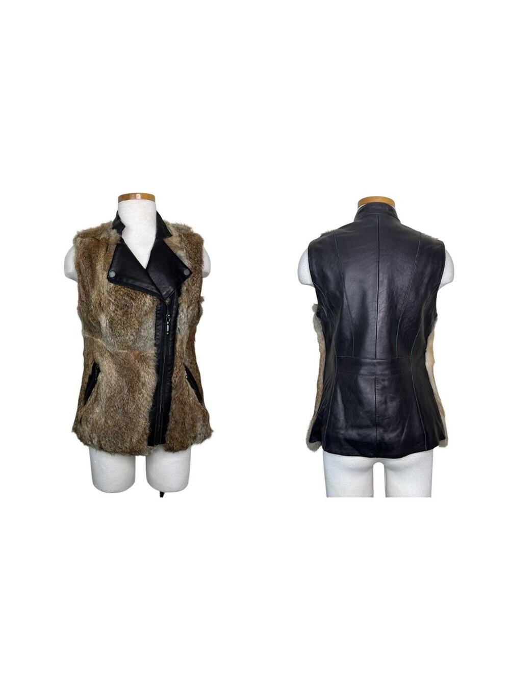 BCBGMAXAZRIA Leather Rabbit Fur Vest Asymmetrical Zipper Front Brown BCBG Small